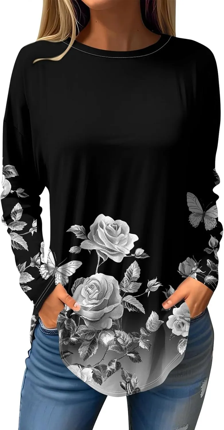 Long Sleeve Shirts for Women Crewneck Basic Tunics Tops Casual Comfy Printed Blouse Fashion Spring 2025