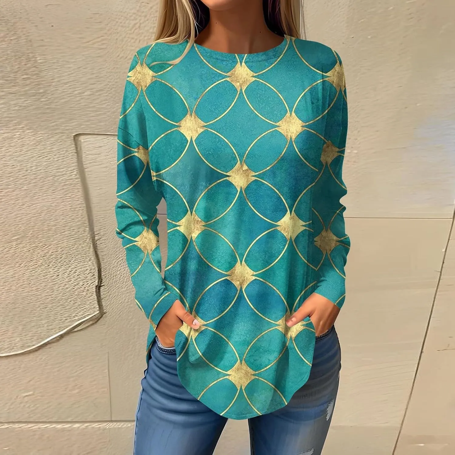 Long Sleeve Shirts for Women Crewneck Basic Tunics Tops Casual Comfy Printed Blouse Fashion Spring 2025