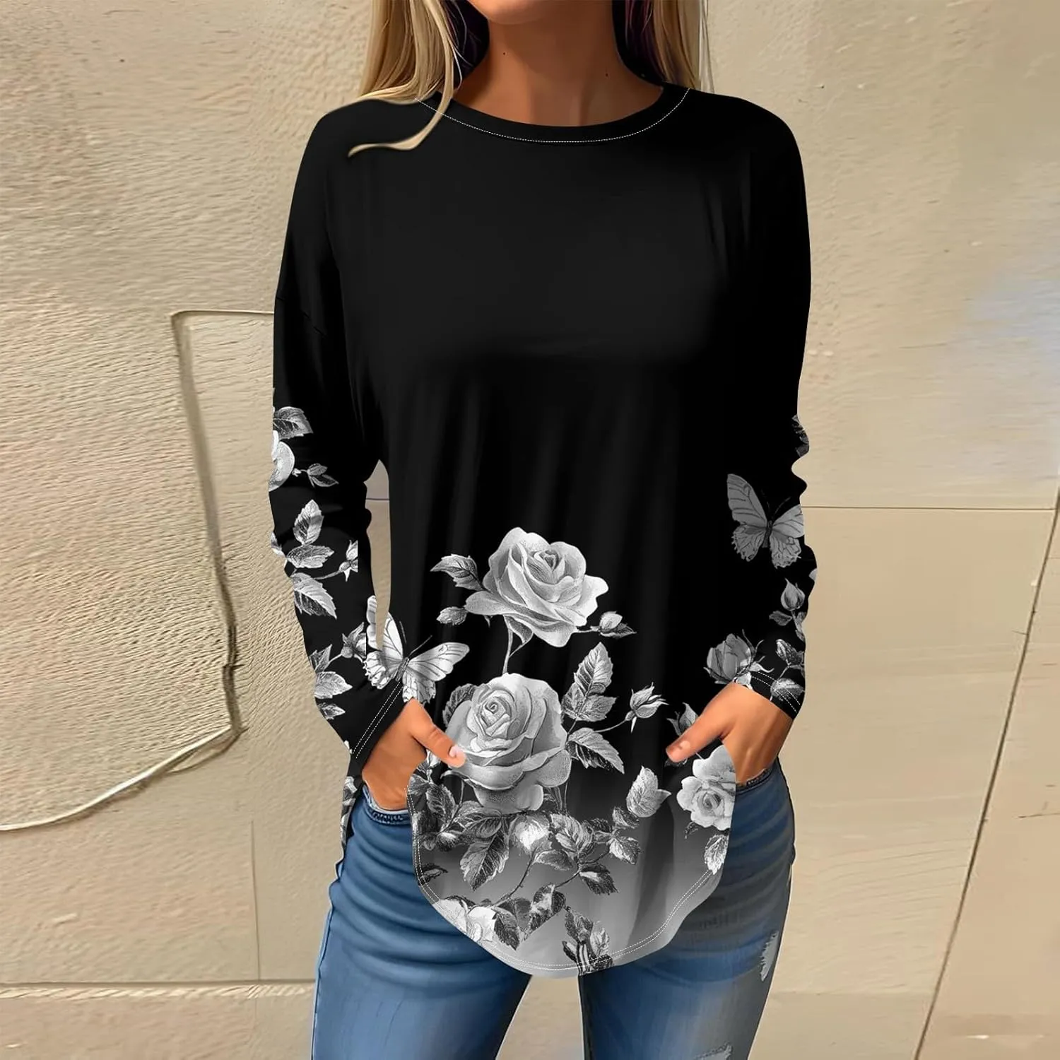 Long Sleeve Shirts for Women Crewneck Basic Tunics Tops Casual Comfy Printed Blouse Fashion Spring 2025