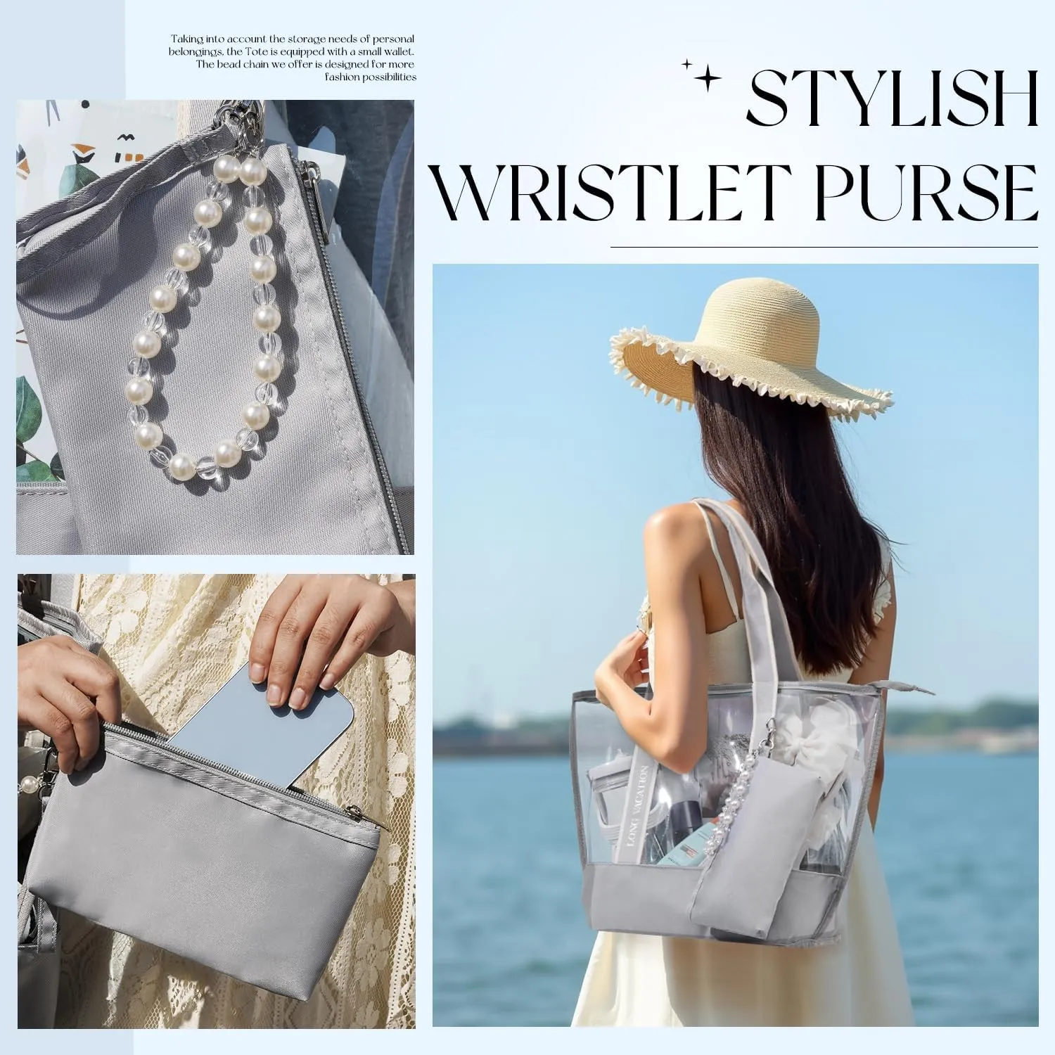 LONG VACATION Beach Bags for Women, PVC Travel Tote Waterproof Sandproof, Beach Bag with Zipper, Iridescent Beach Tote Bag