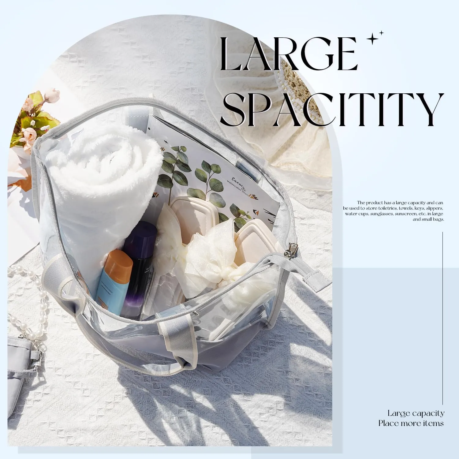 LONG VACATION Beach Bags for Women, PVC Travel Tote Waterproof Sandproof, Beach Bag with Zipper, Iridescent Beach Tote Bag