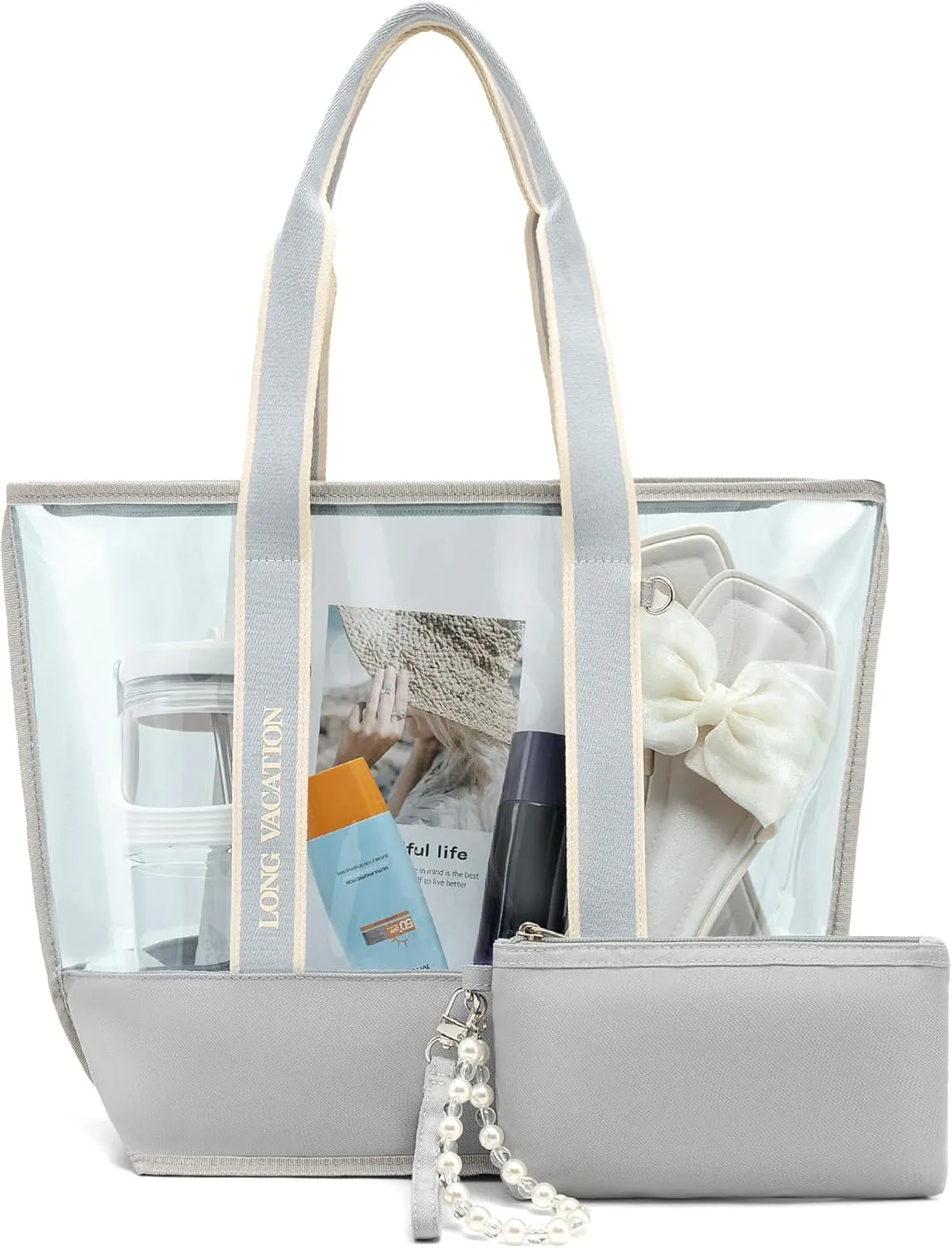 LONG VACATION Beach Bags for Women, PVC Travel Tote Waterproof Sandproof, Beach Bag with Zipper, Iridescent Beach Tote Bag