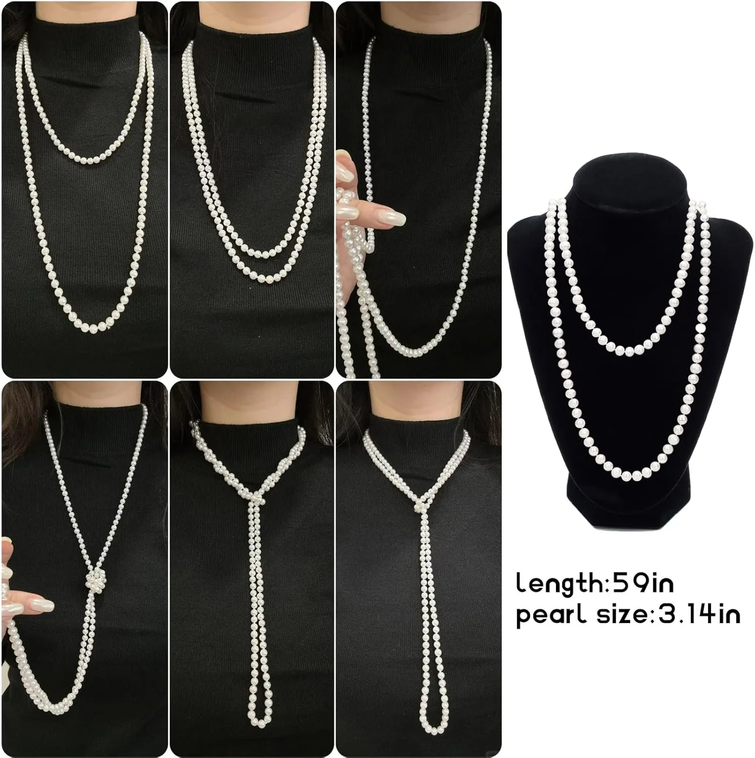 Long White Pearl Necklace Multi-Strand Faux Pearls for Women, Bridal Wedding Vintage Gatsby Jewelry for Party & Elegant Events 150cm/59inch /170cm/67 inch