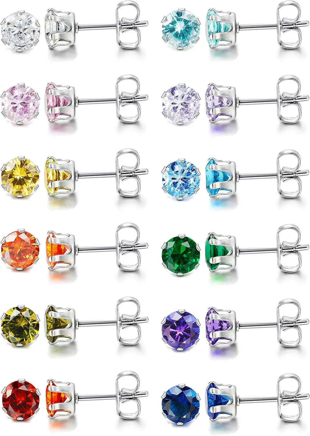 LOYALLOOK 12 Pairs Stainless Steel Cubic Zirconia Stud Earrings, Brilliant Cut Round CZ Earrings set, Birthstone Stud Earrings for Women