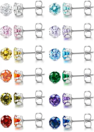 LOYALLOOK 12 Pairs Stainless Steel Cubic Zirconia Stud Earrings, Brilliant Cut Round CZ Earrings set, Birthstone Stud Earrings for Women