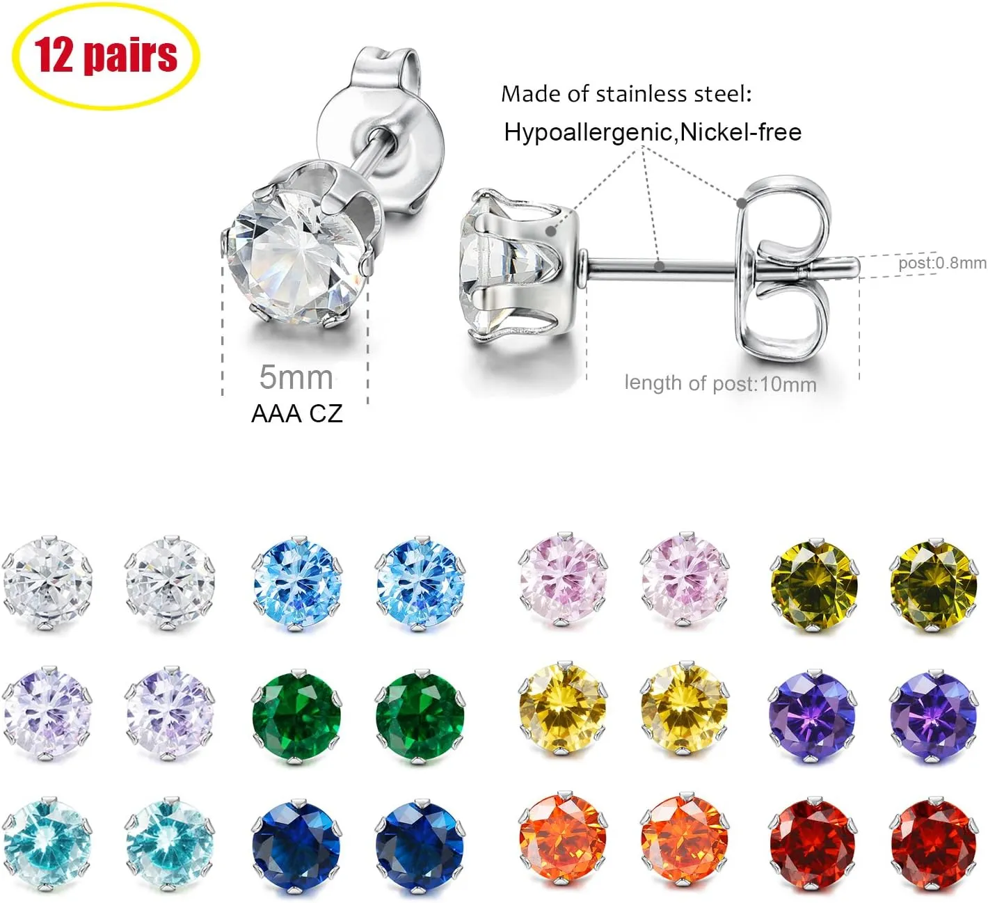 LOYALLOOK 12 Pairs Stainless Steel Cubic Zirconia Stud Earrings, Brilliant Cut Round CZ Earrings set, Birthstone Stud Earrings for Women