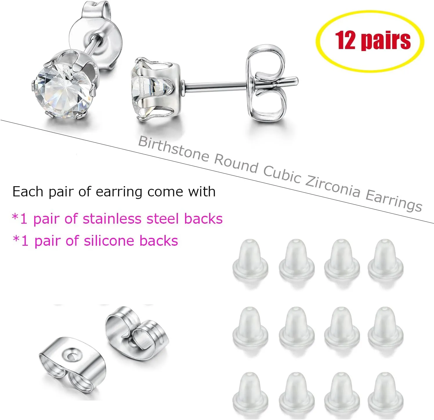 LOYALLOOK 12 Pairs Stainless Steel Cubic Zirconia Stud Earrings, Brilliant Cut Round CZ Earrings set, Birthstone Stud Earrings for Women