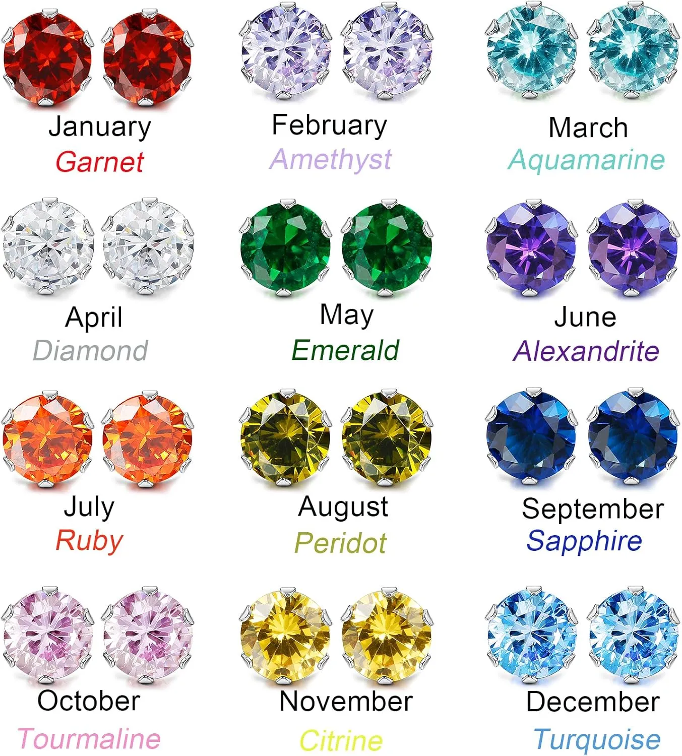 LOYALLOOK 12 Pairs Stainless Steel Cubic Zirconia Stud Earrings, Brilliant Cut Round CZ Earrings set, Birthstone Stud Earrings for Women