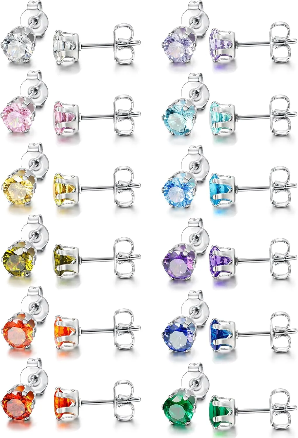 LOYALLOOK 12 Pairs Stainless Steel Cubic Zirconia Stud Earrings, Brilliant Cut Round CZ Earrings set, Birthstone Stud Earrings for Women