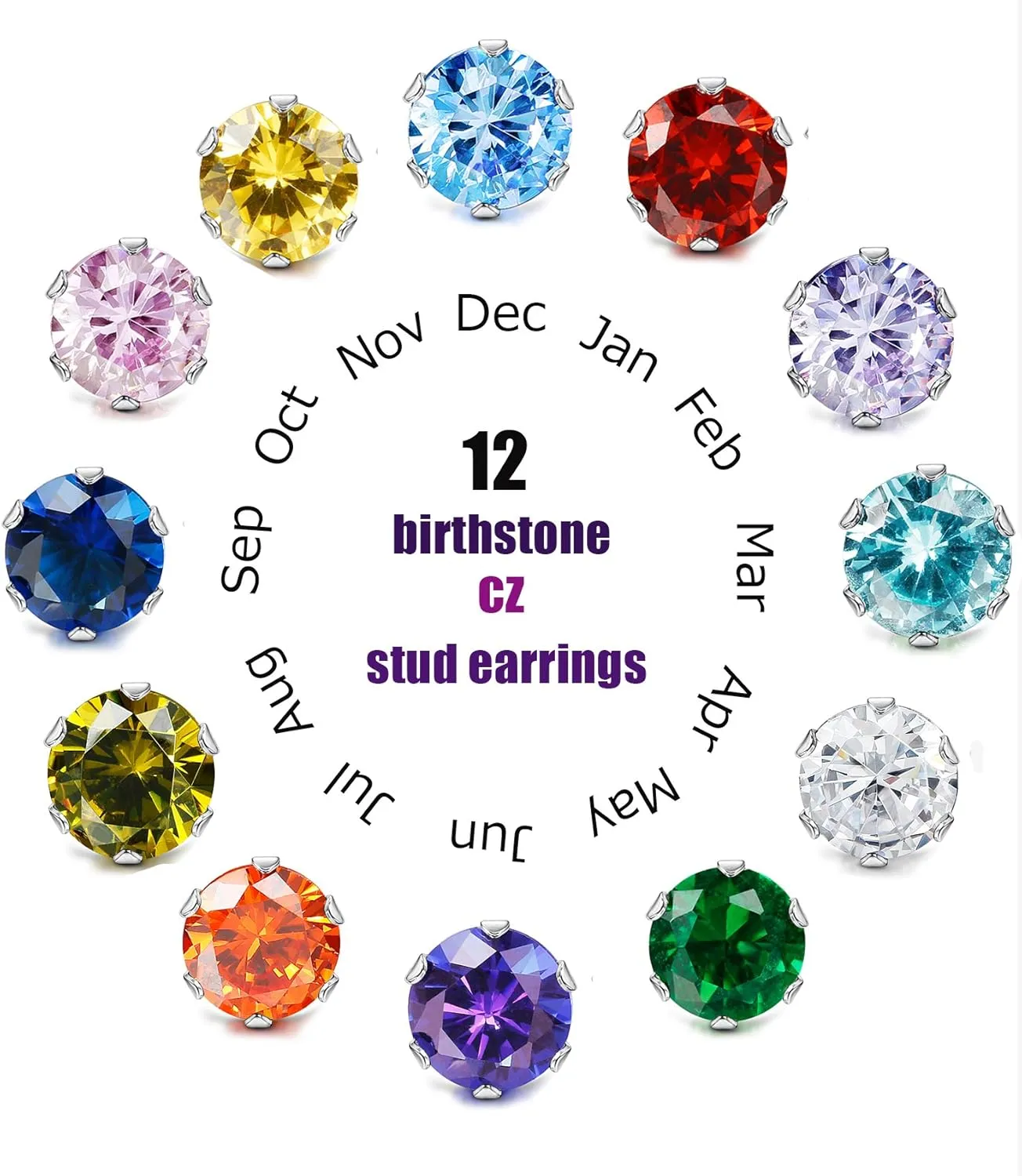 LOYALLOOK 12 Pairs Stainless Steel Cubic Zirconia Stud Earrings, Brilliant Cut Round CZ Earrings set, Birthstone Stud Earrings for Women