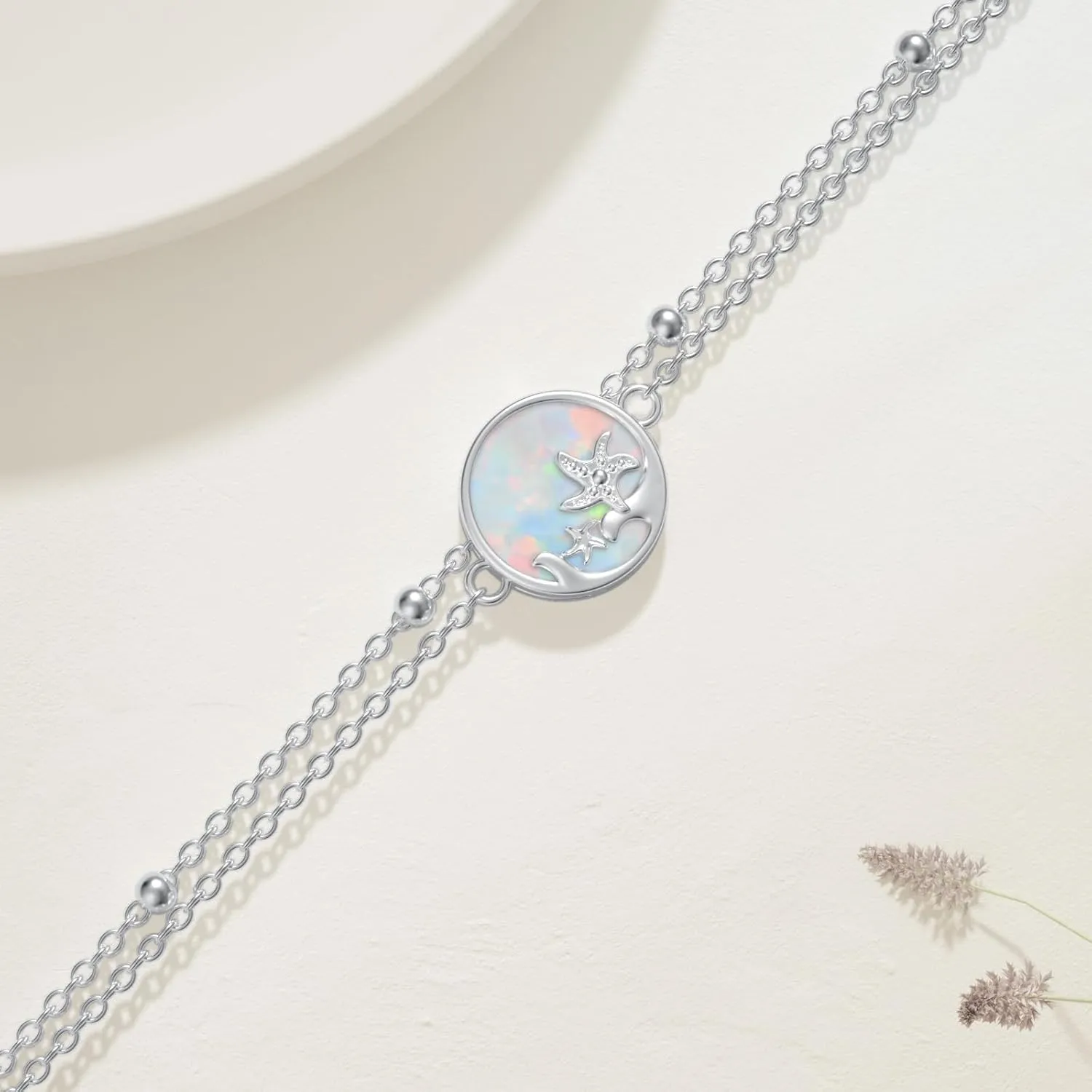 LUHE Starfish Ankle Bracelets for Women Seabeach Anklets 925 Sterling Silver Adjustable Foot Beaded white opal Ankle Bracelet Anklet Jewelry