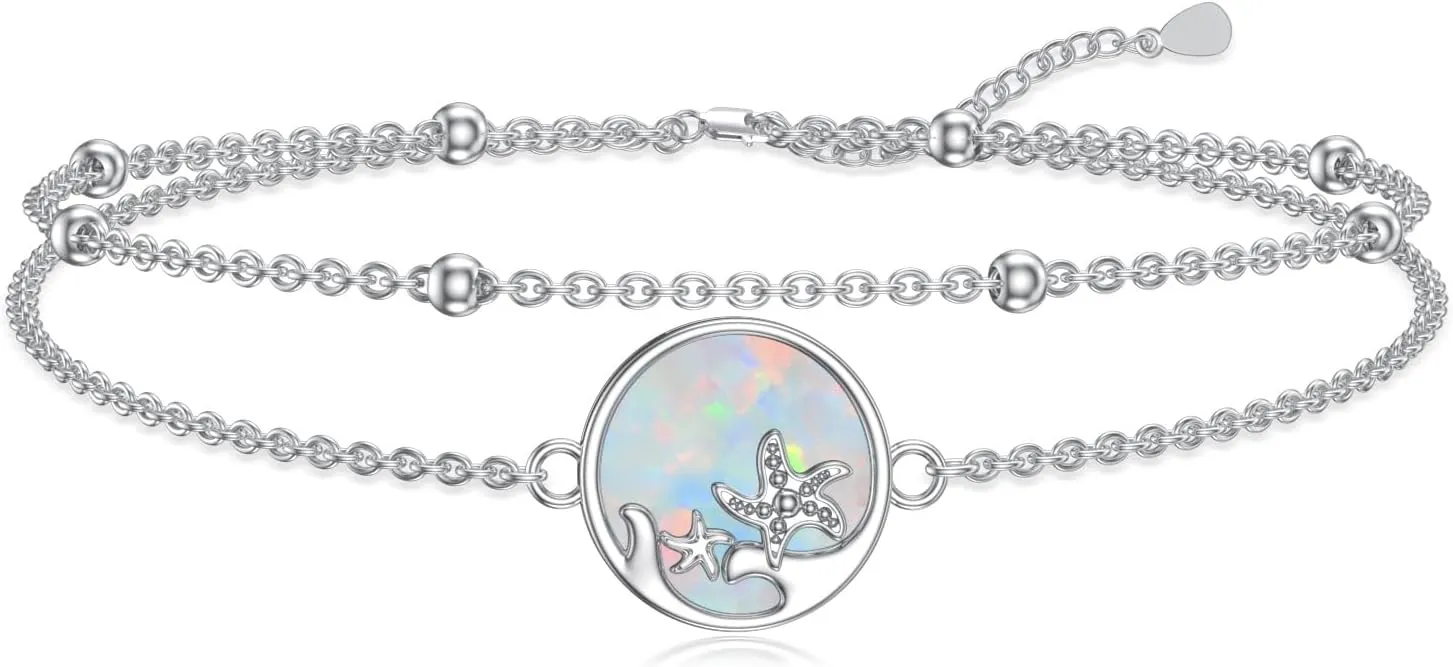 LUHE Starfish Ankle Bracelets for Women Seabeach Anklets 925 Sterling Silver Adjustable Foot Beaded white opal Ankle Bracelet Anklet Jewelry