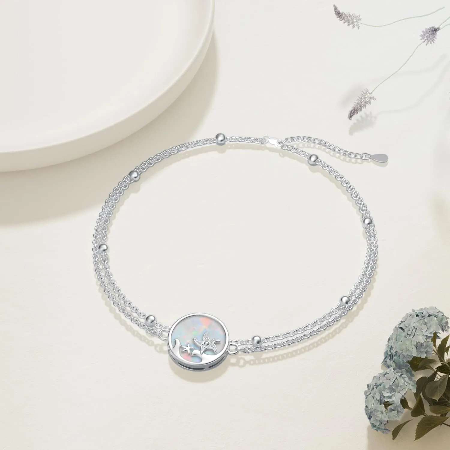 LUHE Starfish Ankle Bracelets for Women Seabeach Anklets 925 Sterling Silver Adjustable Foot Beaded white opal Ankle Bracelet Anklet Jewelry