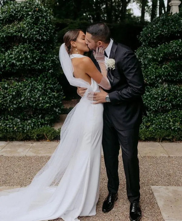 Luolandi Elegant Mermaid White Halter Satin Wedding Dresses Open Back White