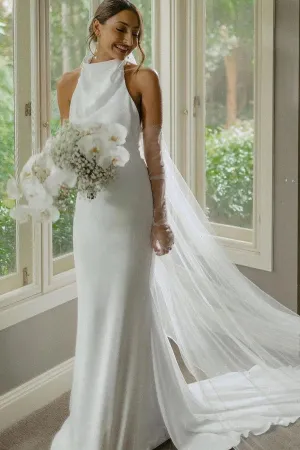 Luolandi Elegant Mermaid White Halter Satin Wedding Dresses Open Back White