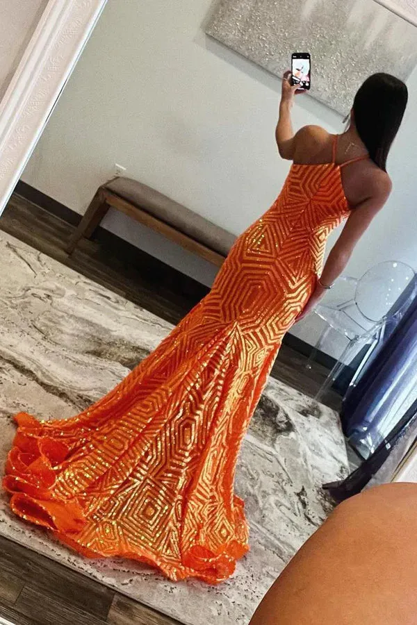Luolandi Mermaid Halter Keyhole Orange Sequins Long Prom Dresses Sexy Evening Dress