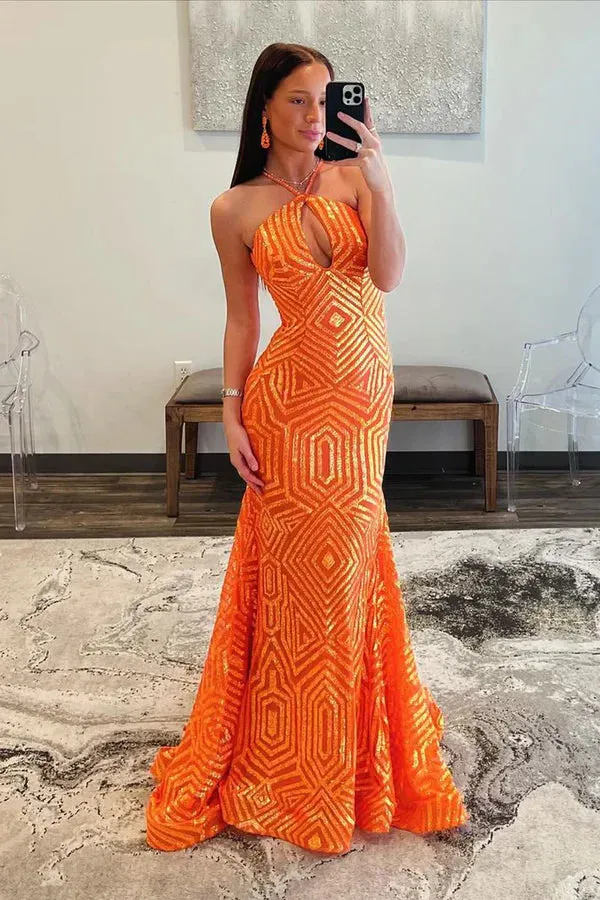 Luolandi Mermaid Halter Keyhole Orange Sequins Long Prom Dresses Sexy Evening Dress