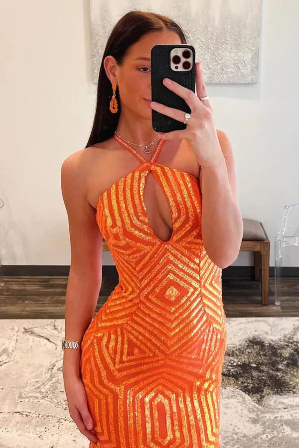 Luolandi Mermaid Halter Keyhole Orange Sequins Long Prom Dresses Sexy Evening Dress