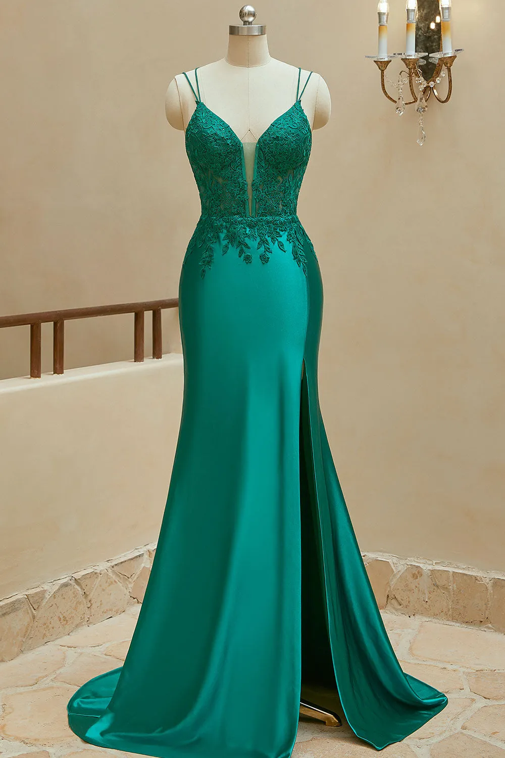Luolandi Mermaid Spaghetti Straps Satin Slit Prom Dresses With Beaded Sexy Evening Dresses