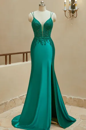 Luolandi Mermaid Spaghetti Straps Satin Slit Prom Dresses With Beaded Sexy Evening Dresses