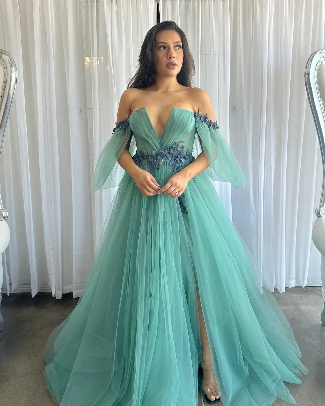 Luolandi Off The Shoulder Prom Dresses A Line Tulle With Applique And Slit With Flowers