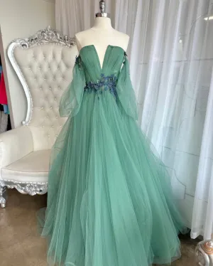 Luolandi Off The Shoulder Prom Dresses A Line Tulle With Applique And Slit With Flowers