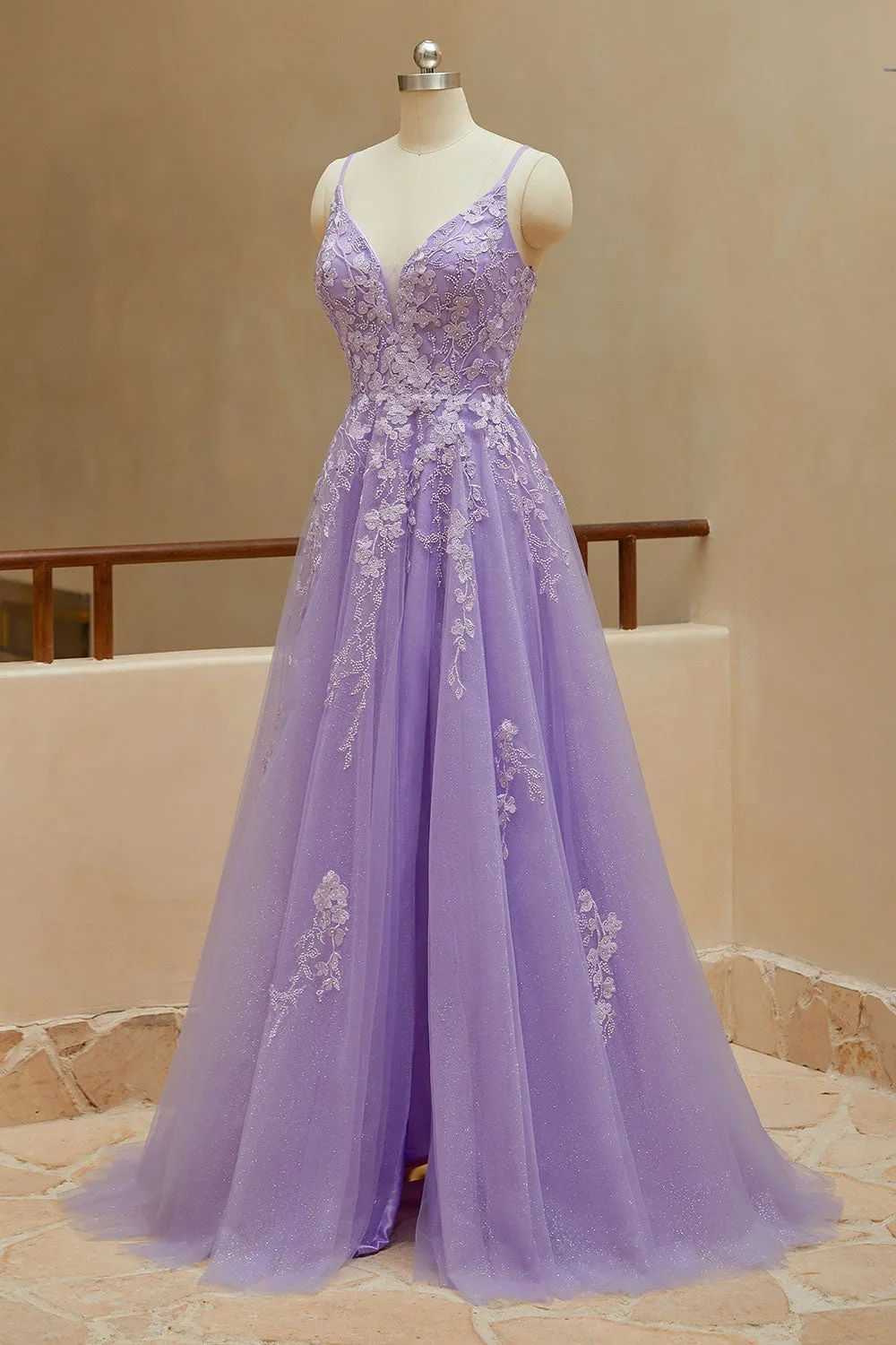 Luolandi Simple A Line Spaghetti Straps V Neck Tulle Slit Prom Dresses Wth Appliques Beautiful