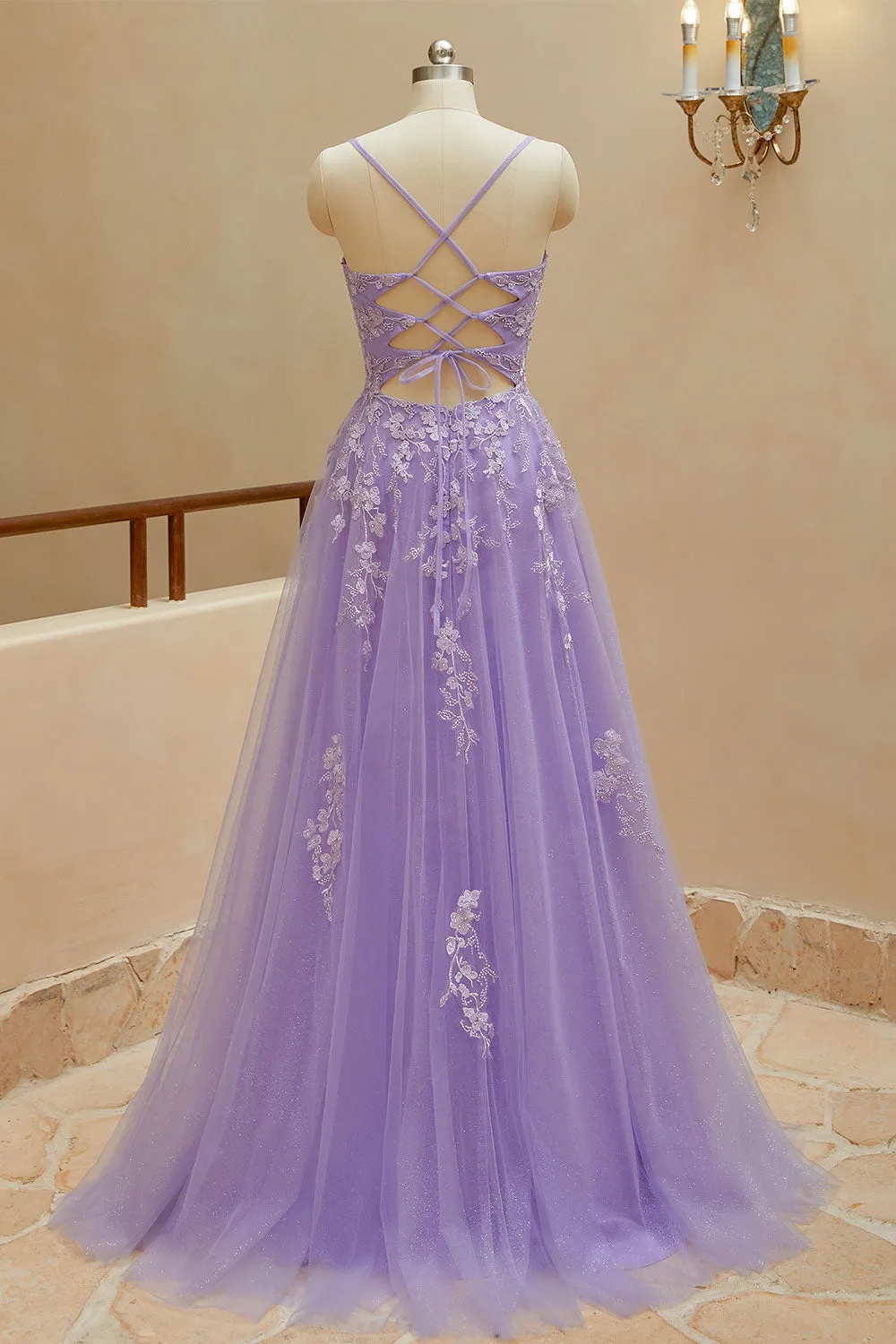 Luolandi Simple A Line Spaghetti Straps V Neck Tulle Slit Prom Dresses Wth Appliques Beautiful