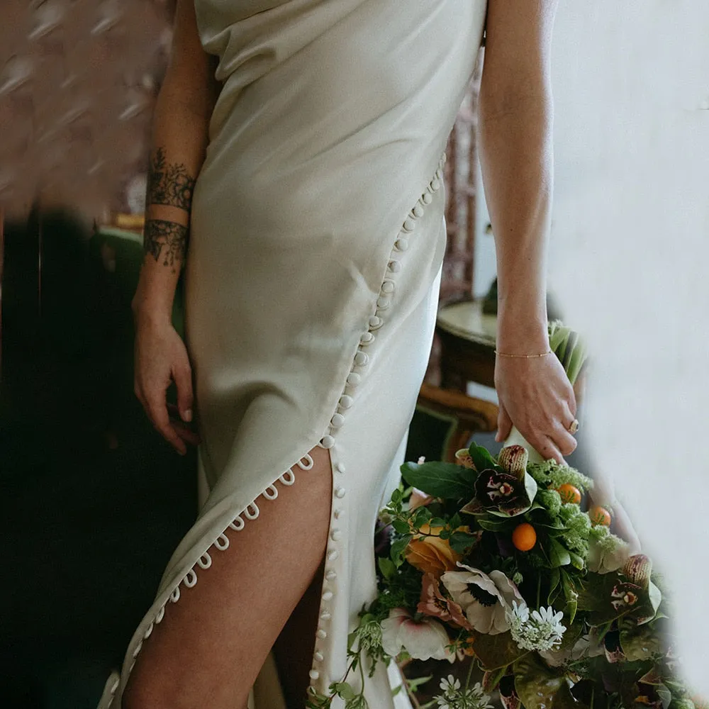 Luolandi Simple One Shoulder Cowl Neck Sheath Crepe Fitted Satin Buttons Slit Wedding Dresses Sexy