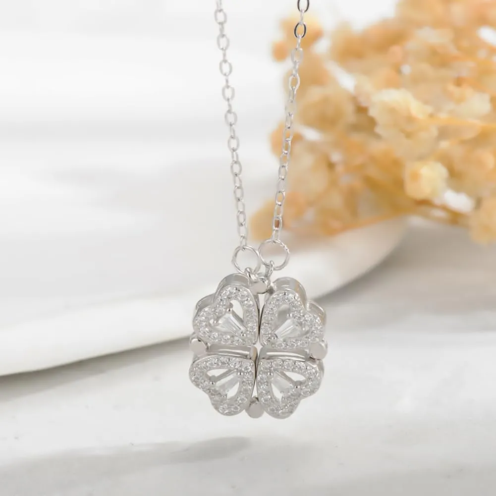 Luxury Adjustable Pendant Necklaces - Four-Leaf Clover & Heart Shaped Design with Sparkling Crystal Accents