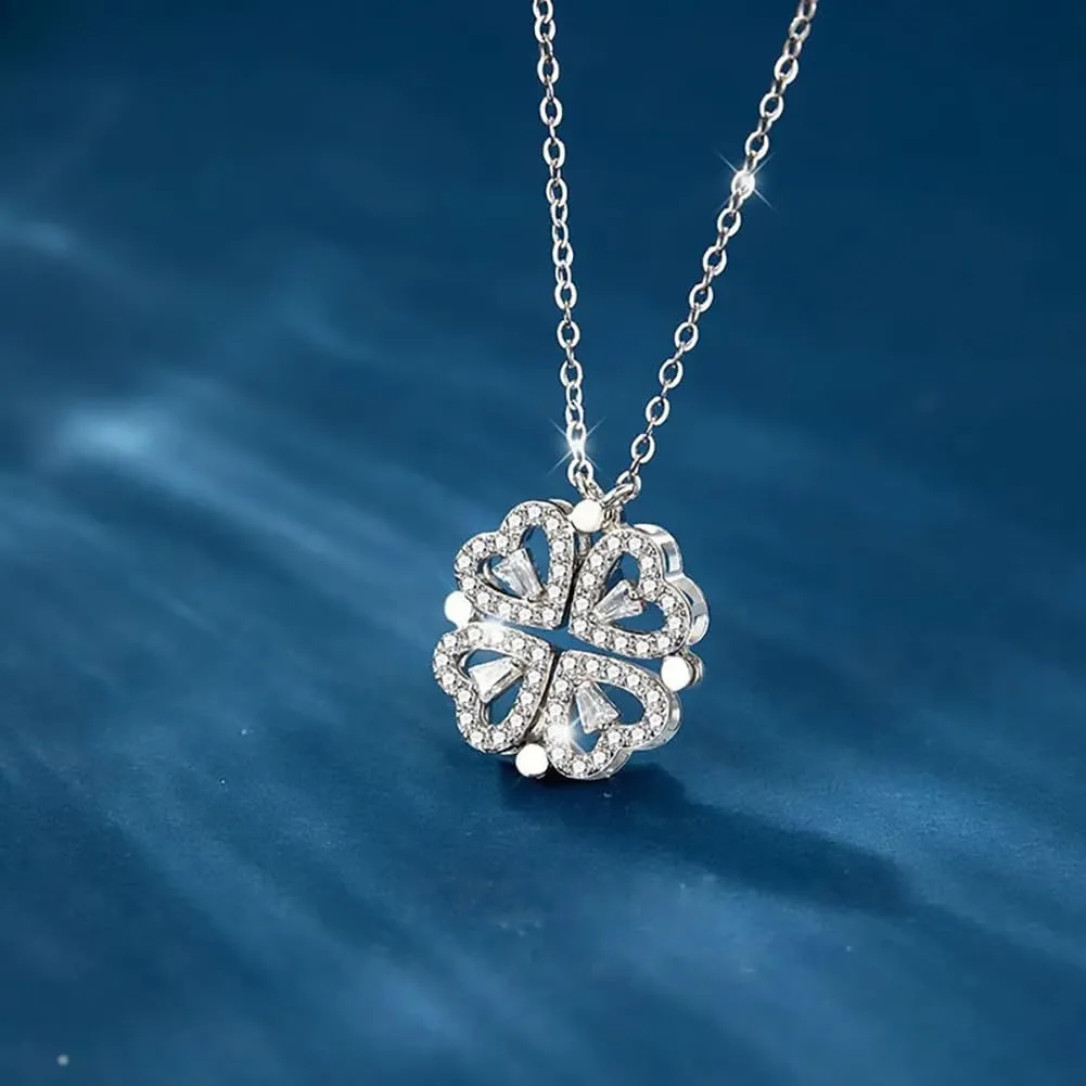 Luxury Adjustable Pendant Necklaces - Four-Leaf Clover & Heart Shaped Design with Sparkling Crystal Accents