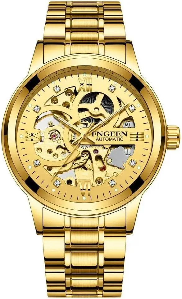 Luxury Golden Skeleton Mechanical Watches Retro Engraved Luminous Tourbillon Automatic Mens Watch Stainless Steel Hollow Out Watch