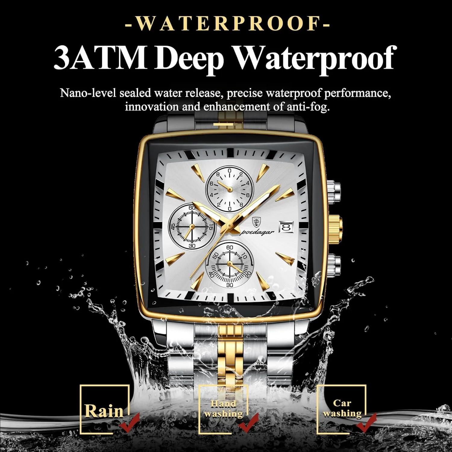 Luxury Man Quartz Wristwatch Waterproof Luminous Chronograph Men's Square Sport Watches Stainless Steel Men Watch