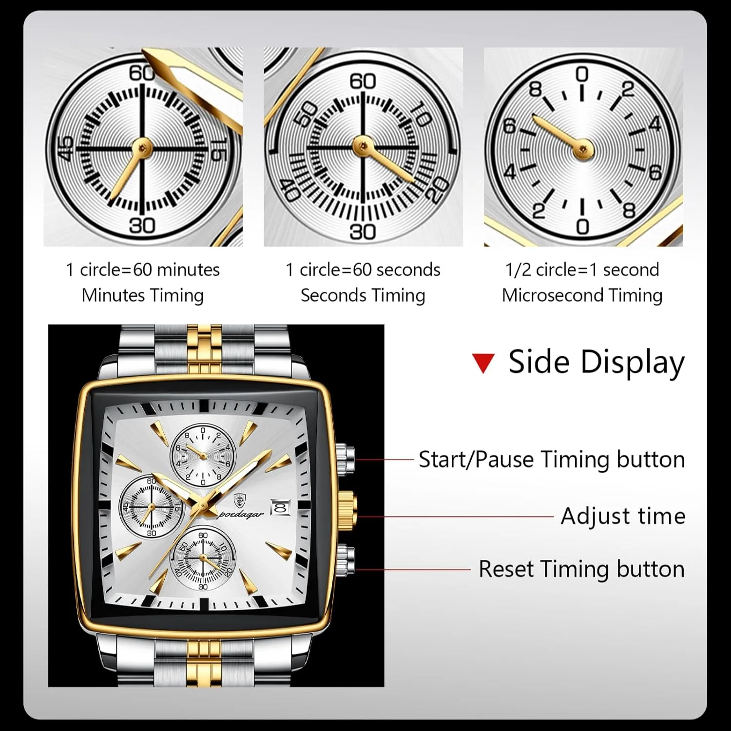 Luxury Man Quartz Wristwatch Waterproof Luminous Chronograph Men's Square Sport Watches Stainless Steel Men Watch