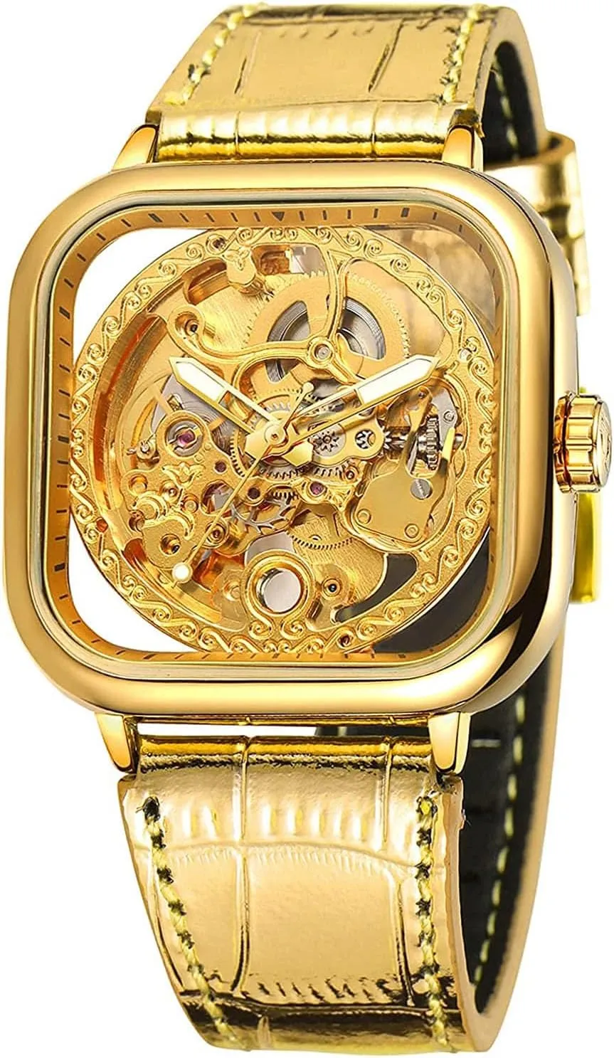 Luxury Mens Automatic-self-Wind Watch Square Skeleton Wrist Watch Leather Band Waterproof Mechanical Watches