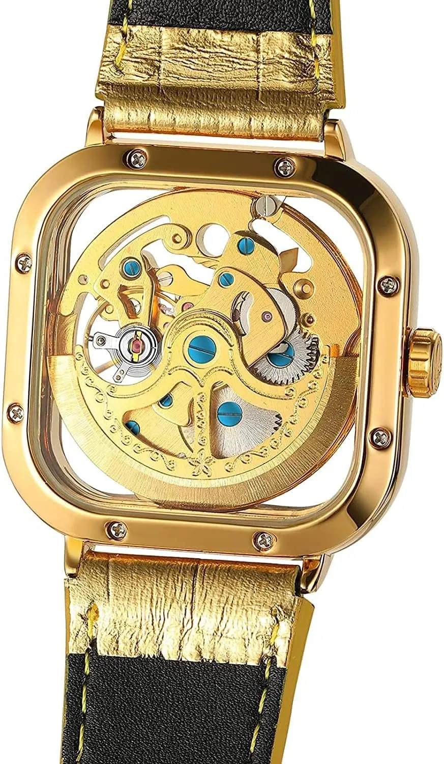 Luxury Mens Automatic-self-Wind Watch Square Skeleton Wrist Watch Leather Band Waterproof Mechanical Watches