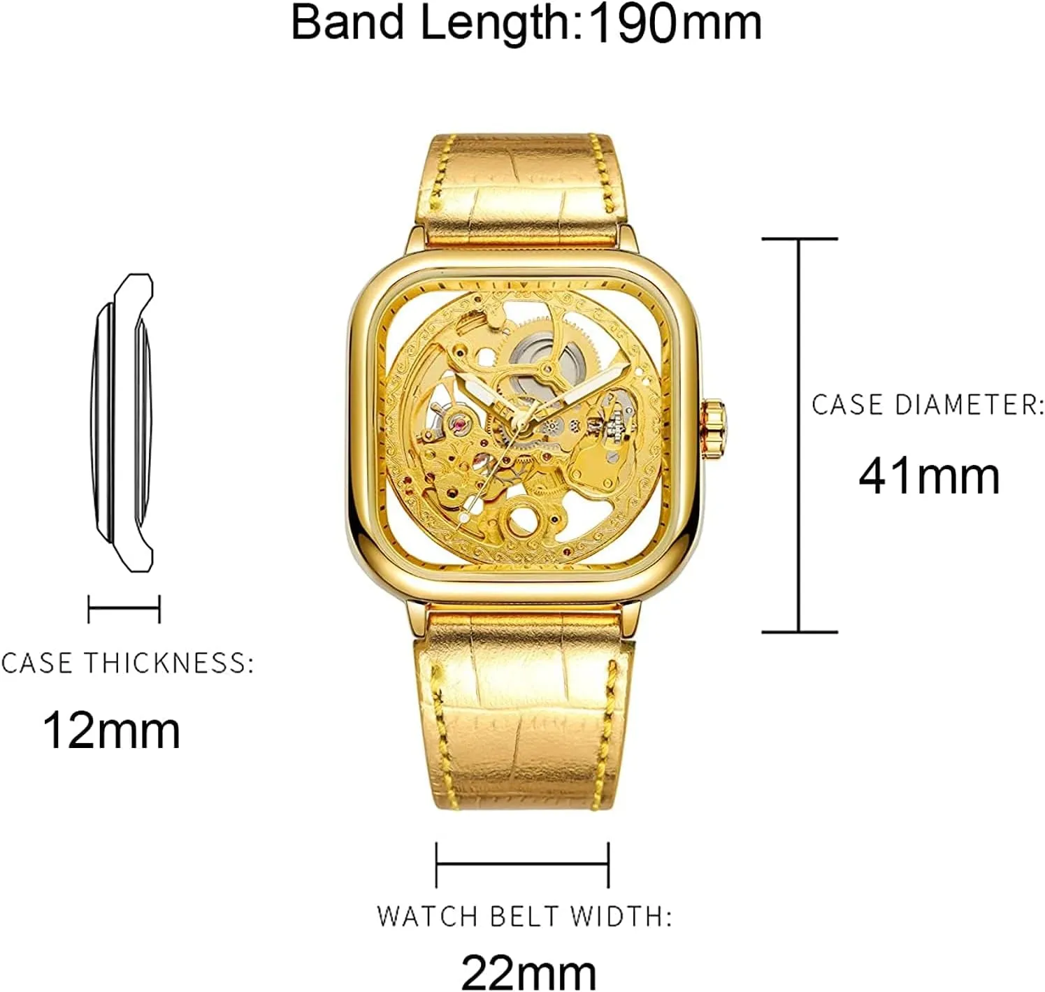 Luxury Mens Automatic-self-Wind Watch Square Skeleton Wrist Watch Leather Band Waterproof Mechanical Watches