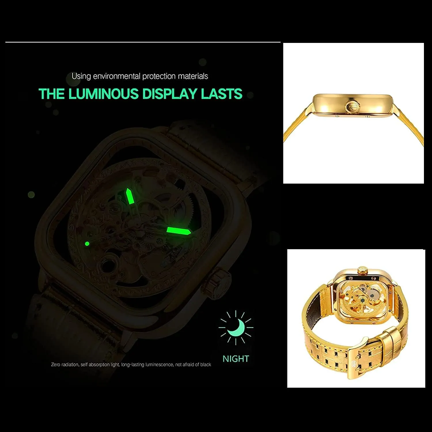 Luxury Mens Automatic-self-Wind Watch Square Skeleton Wrist Watch Leather Band Waterproof Mechanical Watches