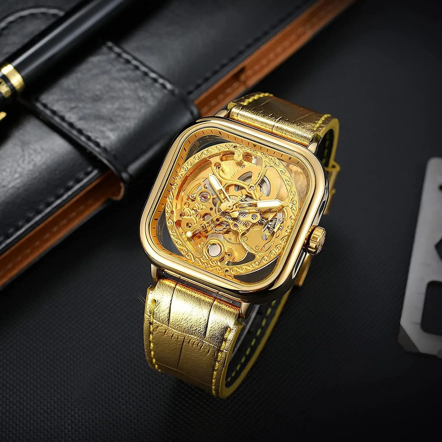 Luxury Mens Automatic-self-Wind Watch Square Skeleton Wrist Watch Leather Band Waterproof Mechanical Watches