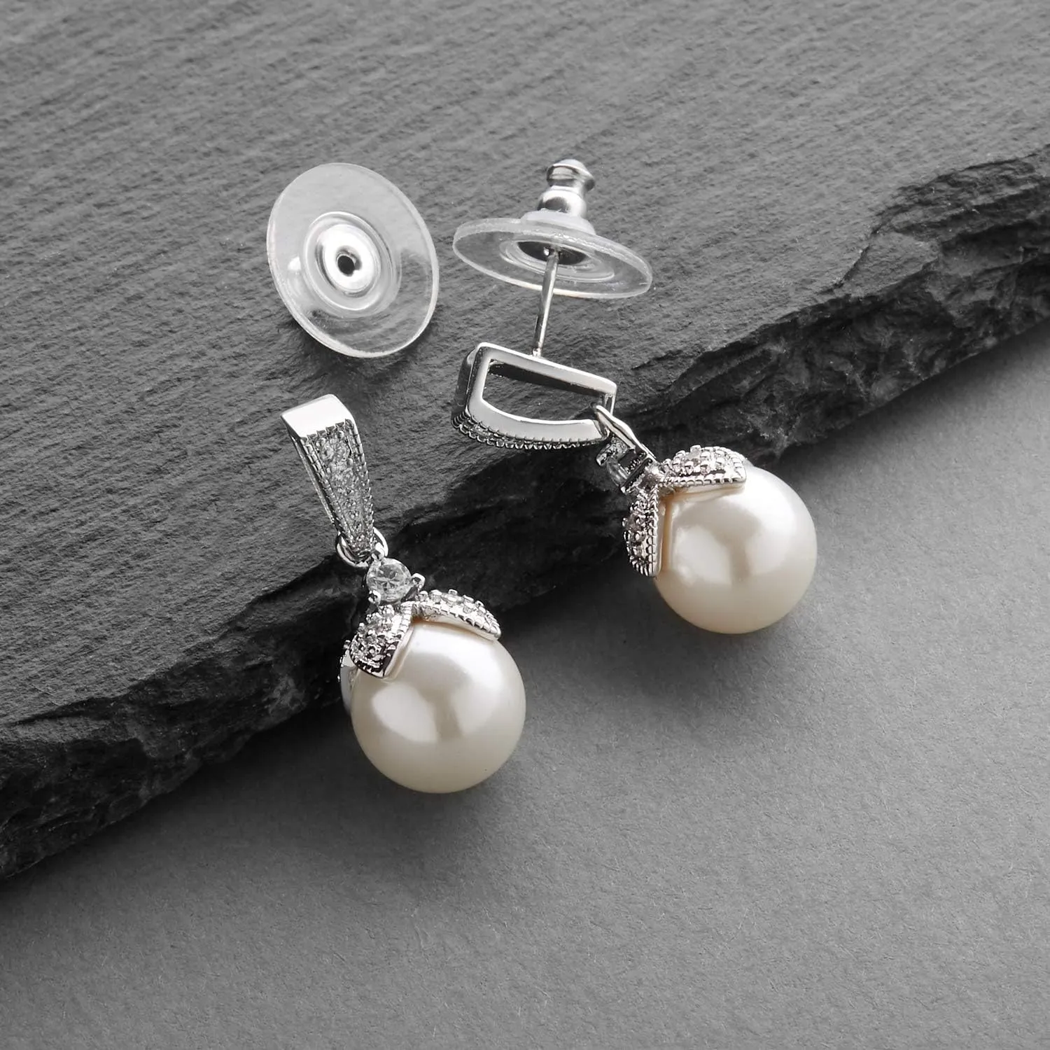 Mariell Pearl Drop Bridal Necklace Earrings Set with CZ Crystals for Bride, Bridesmaid, Birthday Gift