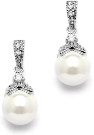 Mariell Pearl Drop Bridal Necklace Earrings Set with CZ Crystals for Bride, Bridesmaid, Birthday Gift