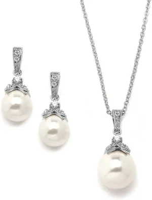 Mariell Pearl Drop Bridal Necklace Earrings Set with CZ Crystals for Bride, Bridesmaid, Birthday Gift