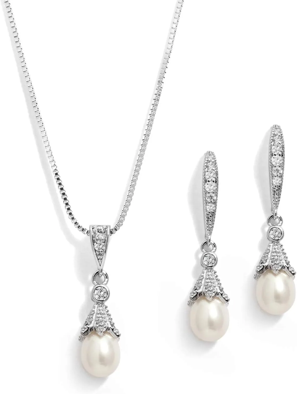 Mariell Wedding Necklace & Earrings CZ Jewelry Set with Dainty Freshwater Pearl for Bridesmaids & Brides