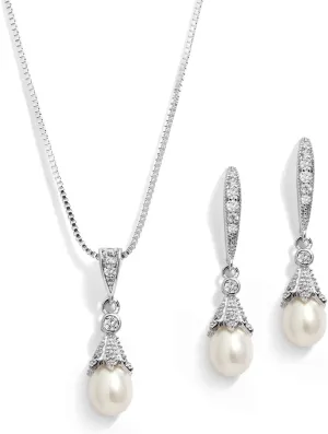 Mariell Wedding Necklace & Earrings CZ Jewelry Set with Dainty Freshwater Pearl for Bridesmaids & Brides