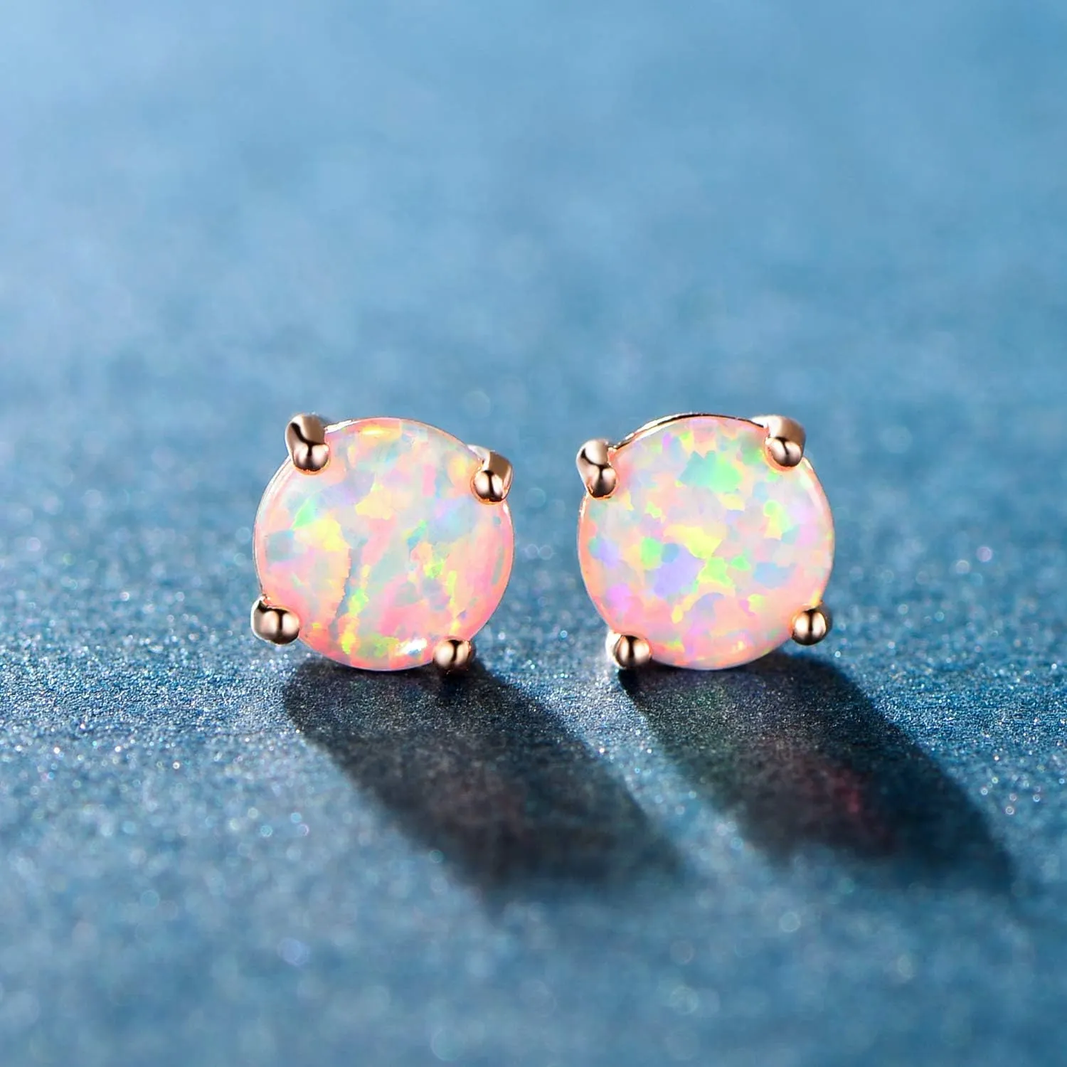 MDFUN 18K Rose Gold Plated Round Brilliant White Opal Stud Earrings for Women