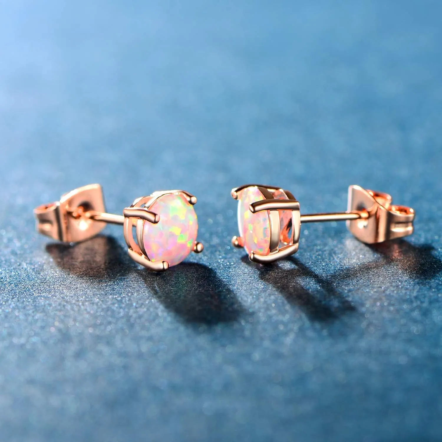 MDFUN 18K Rose Gold Plated Round Brilliant White Opal Stud Earrings for Women