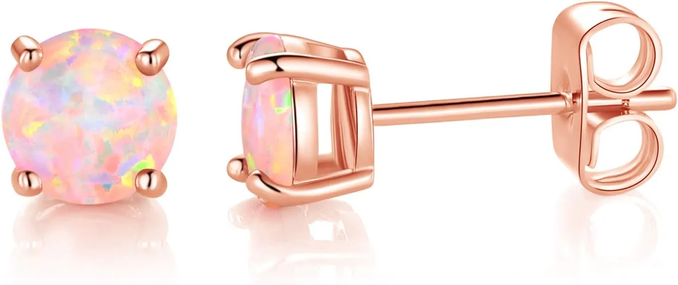 MDFUN 18K Rose Gold Plated Round Brilliant White Opal Stud Earrings for Women
