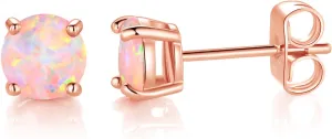 MDFUN 18K Rose Gold Plated Round Brilliant White Opal Stud Earrings for Women