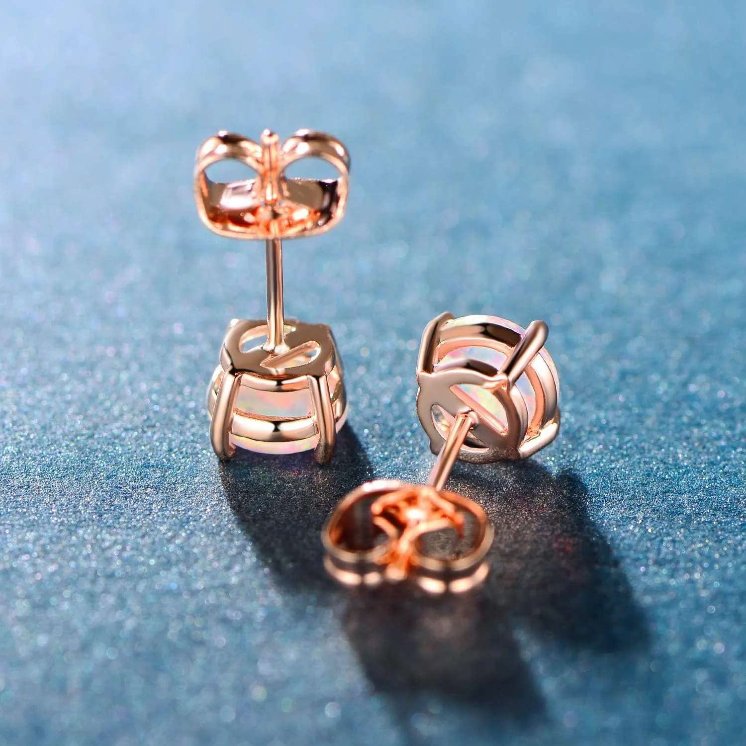 MDFUN 18K Rose Gold Plated Round Brilliant White Opal Stud Earrings for Women