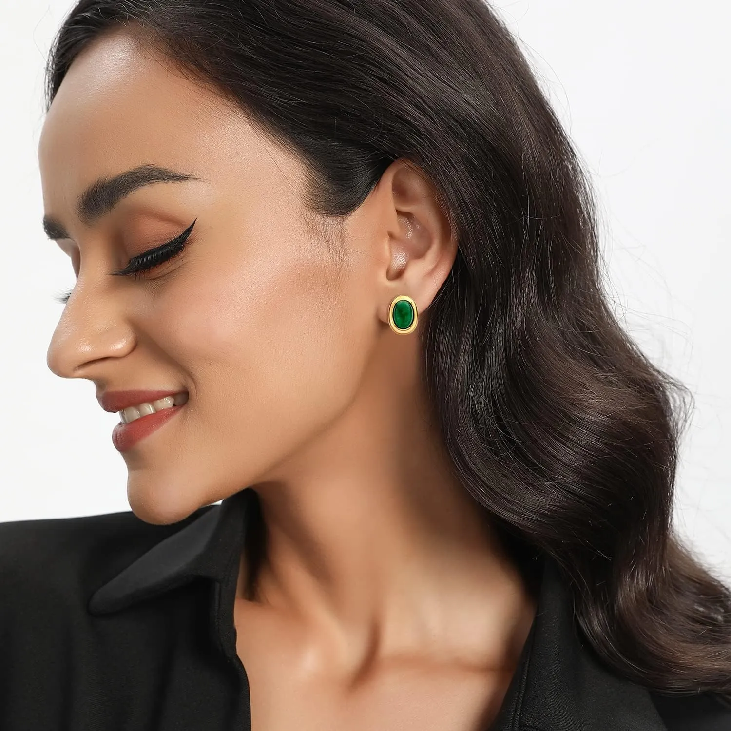 MDFUN 18K Yellow Gold Plated Oval Cut Agate Large Stud Earrings Ear Jewelry for Women